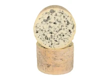 A barrel-shaped Blu del Moncenisio cheese, stacked against a white background, showcasing its dense interior with striking blue veins
