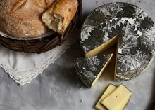 A slice of Cornish Yarg, wrapped in nettles, pops out from the cheese disc, arranged on a table with sourdough bread and additional cheese slices