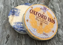 Oxford Isis cheese in a small wooden box displaying the label on top