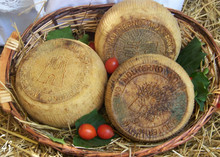 Three wheels of Canestrato cheese are placed in a basket, accompanied by green leaves and tomatoes.
