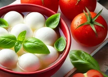 A bowl of bocconcini cheese balls is nestled on a wooden board, surrounded by fresh herbs and ripe tomatoes.