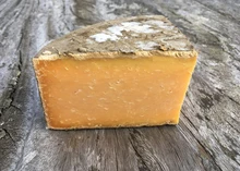 A slice of Double Gloucester cheese, showcasing its orange interior and natural rind, rests on a wooden surface