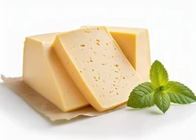 Havarti cheese slices arranged on a cream-colored sheet with mint leaves, set against a white background