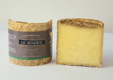 A halved cylindrical Le Sanerac cheese, featuring a delicate whitish rind and a rich yellow interior, is set against a grey background.