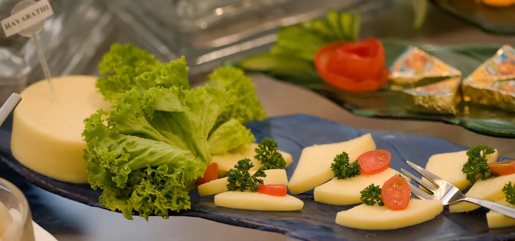 A disc and triangular pieces of Cream Havarti cheese arranged with lettuce leaves and tomato slices on a black plate, accompanied by a fork