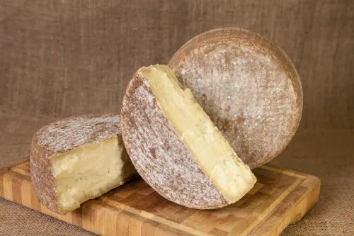 A whole wheel and half-cut wheels of Pecorino Ginepro cheese, showcasing their brown rind and pale white paste, are placed on a wooden board.